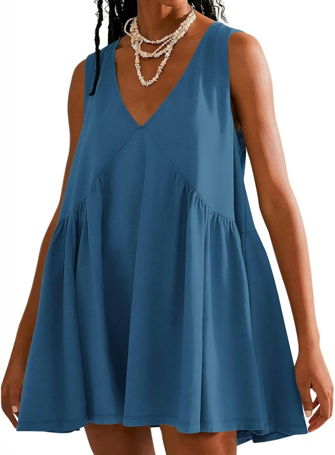 hlysgo Babydoll Dresses for Women 2025 Summer Sleeveless V Neck Beach Mini Dress Cute Ladies A-Line Swing Casual Sundress