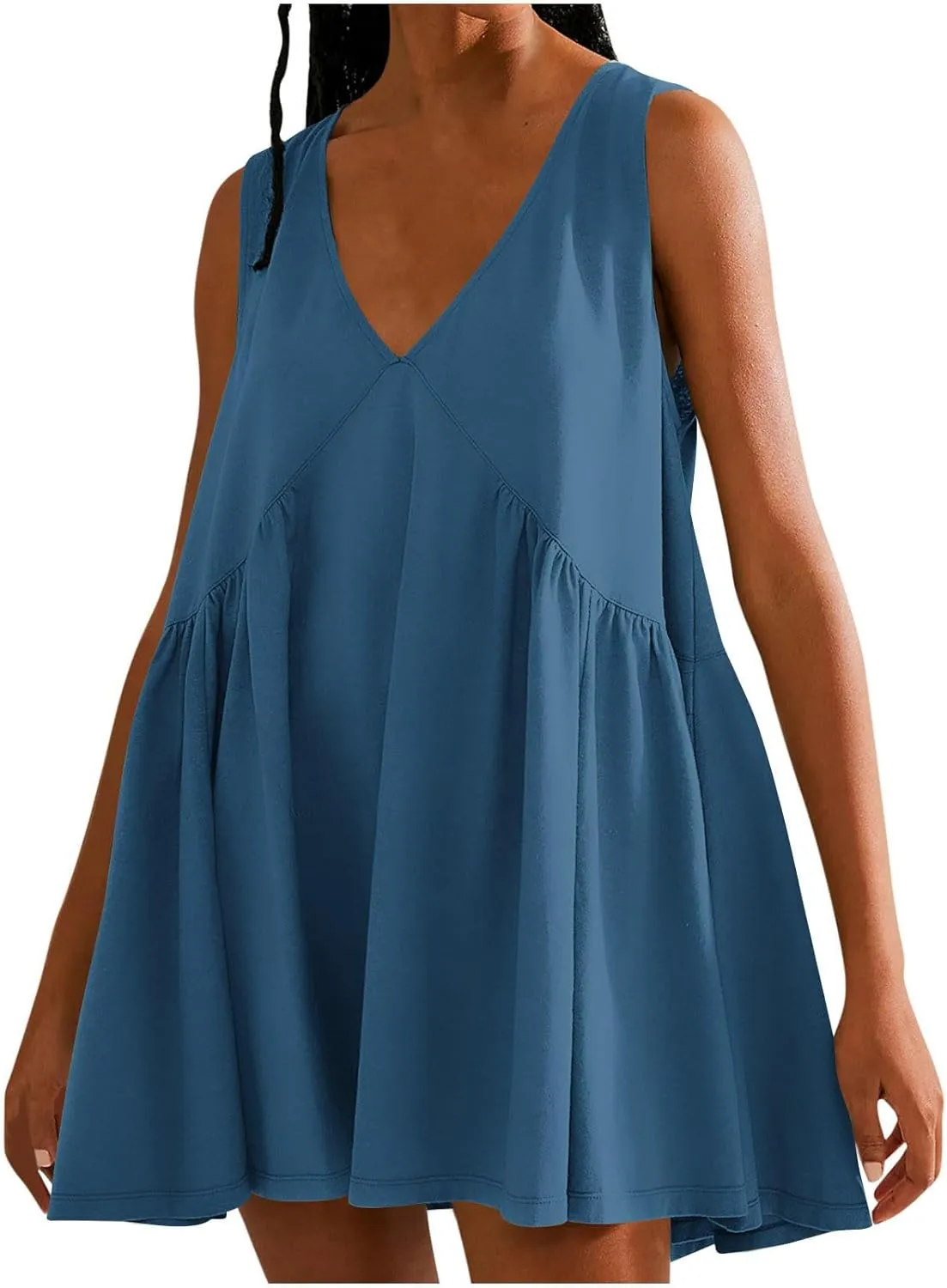hlysgo Babydoll Dresses for Women 2025 Summer Sleeveless V Neck Beach Mini Dress Cute Ladies A-Line Swing Casual Sundress