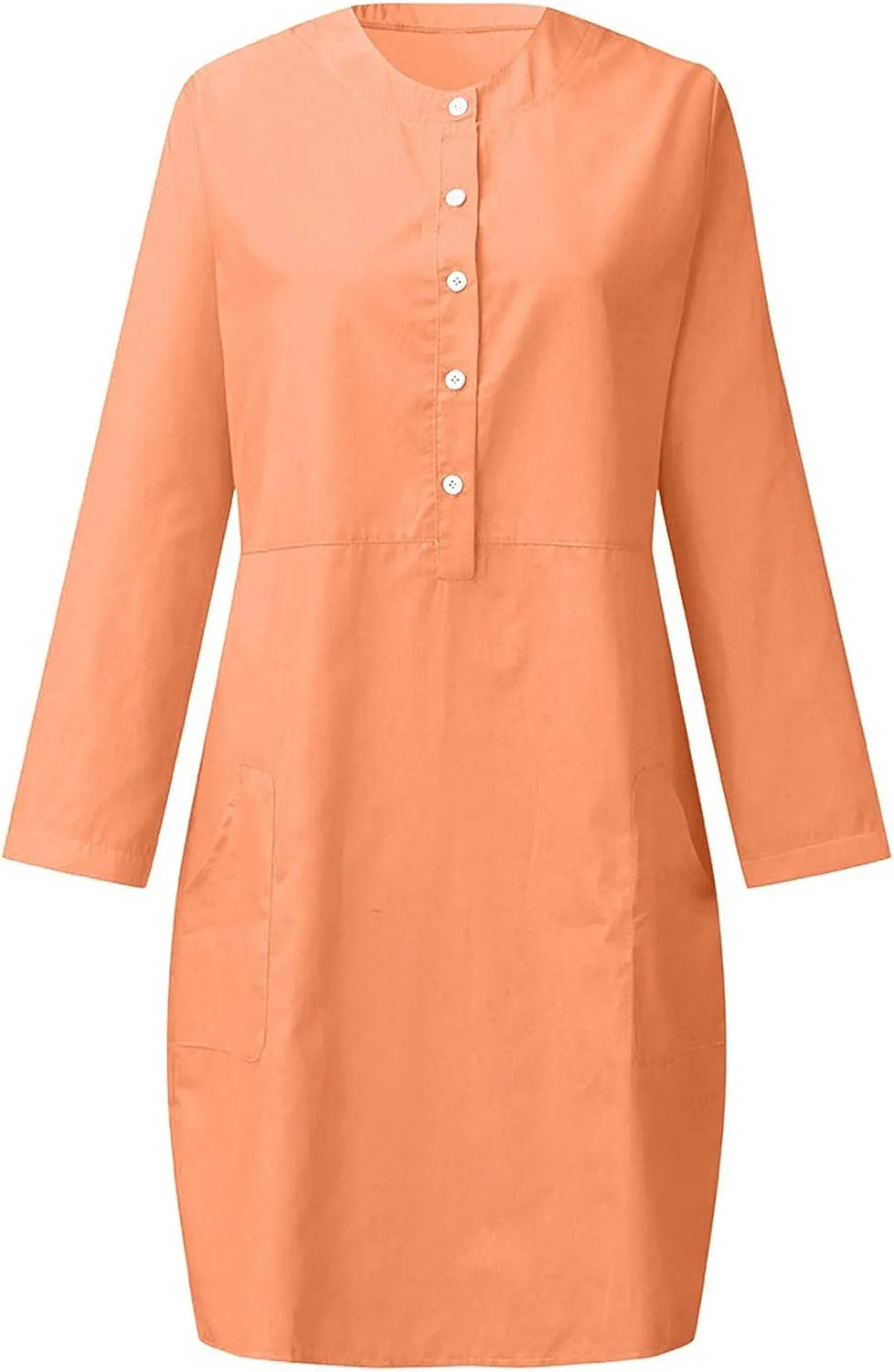 hlysgo Women's Summer Mini Dresses Trendy Cotton Linen Button Up Beach Dress Casual Long Sleeve Crew Neck Knee Length Dress