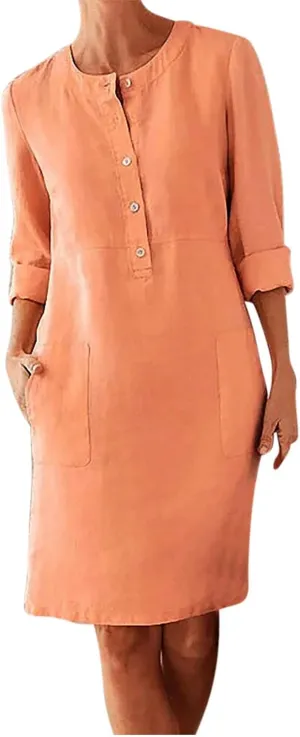 hlysgo Women's Summer Mini Dresses Trendy Cotton Linen Button Up Beach Dress Casual Long Sleeve Crew Neck Knee Length Dress