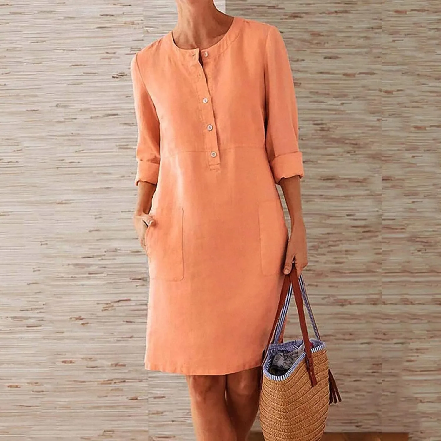 hlysgo Women's Summer Mini Dresses Trendy Cotton Linen Button Up Beach Dress Casual Long Sleeve Crew Neck Knee Length Dress