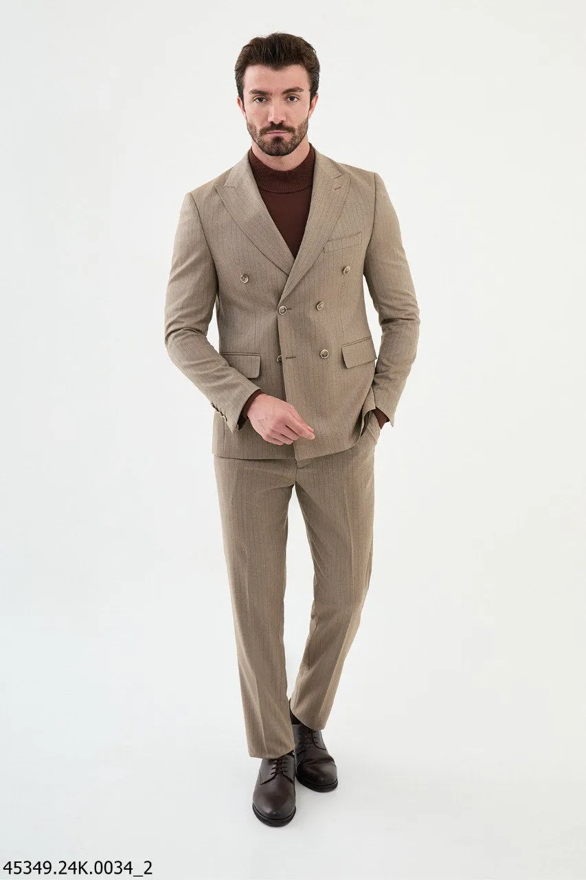 HolloMen Beige Pinstripe Double-Breasted Suit.