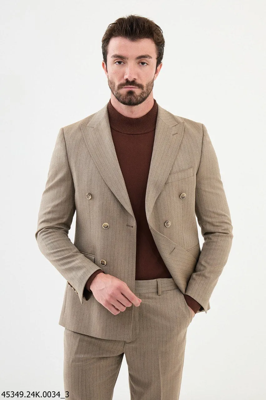 HolloMen Beige Pinstripe Double-Breasted Suit.