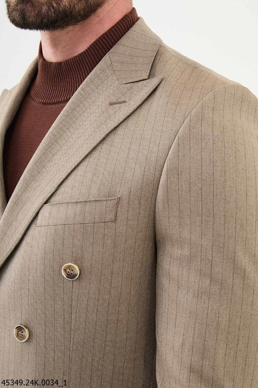 HolloMen Beige Pinstripe Double-Breasted Suit.