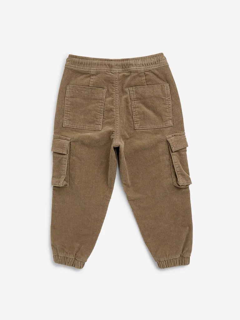 HOP Kids Light Brown Cargo-Style Corduroy Mid-Rise Cotton-Blend Joggers