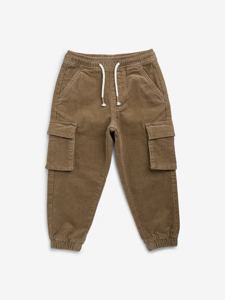 HOP Kids Light Brown Cargo-Style Corduroy Mid-Rise Cotton-Blend Joggers