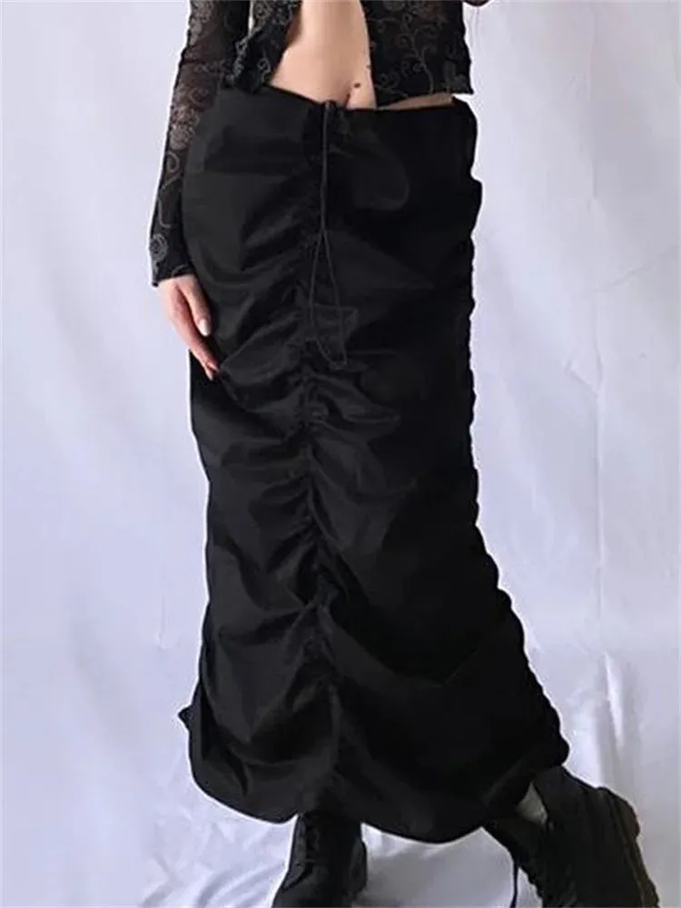 JuliaFashion - High Waist Y2K Ruched Tie Up Summer Party Clubwear Stylish Loose Casual Solid Long Maxi Skirts