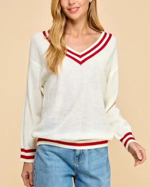 Knit Stripe V-Neck Sweater - Cream