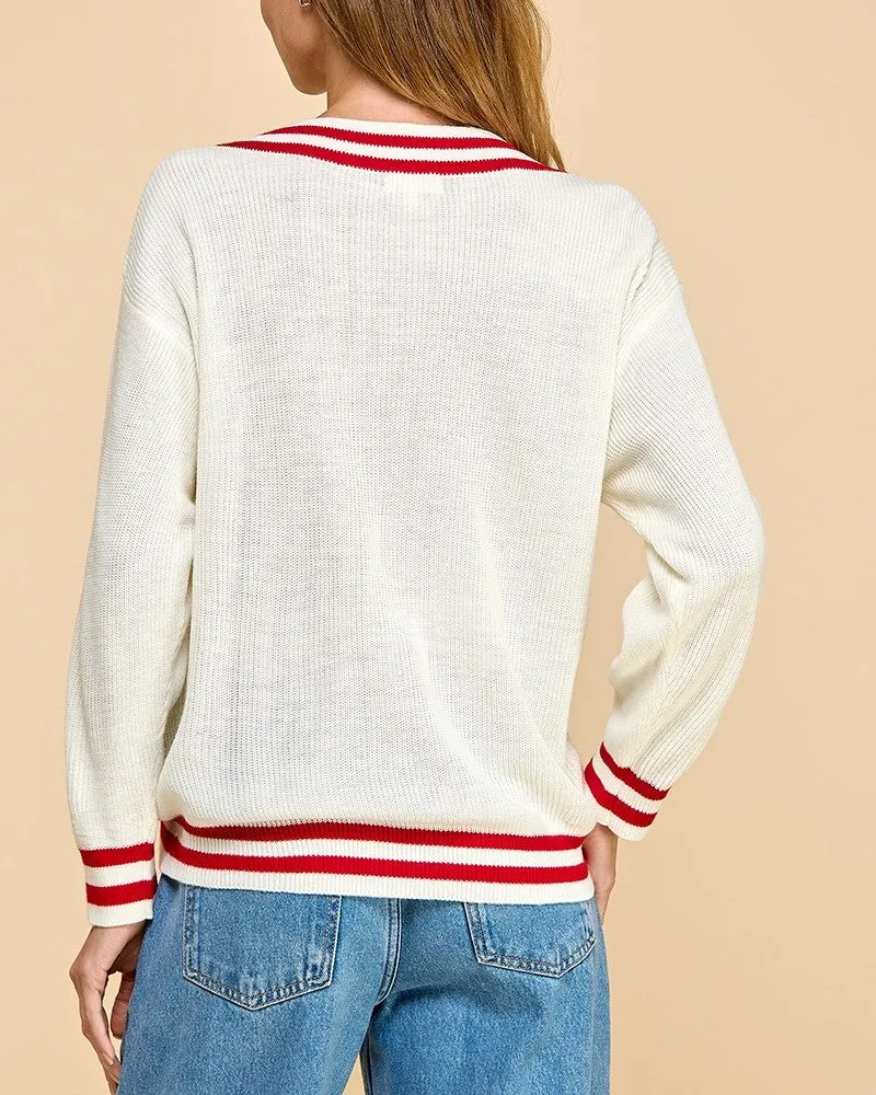 Knit Stripe V-Neck Sweater - Cream