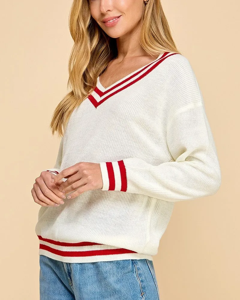 Knit Stripe V-Neck Sweater - Cream