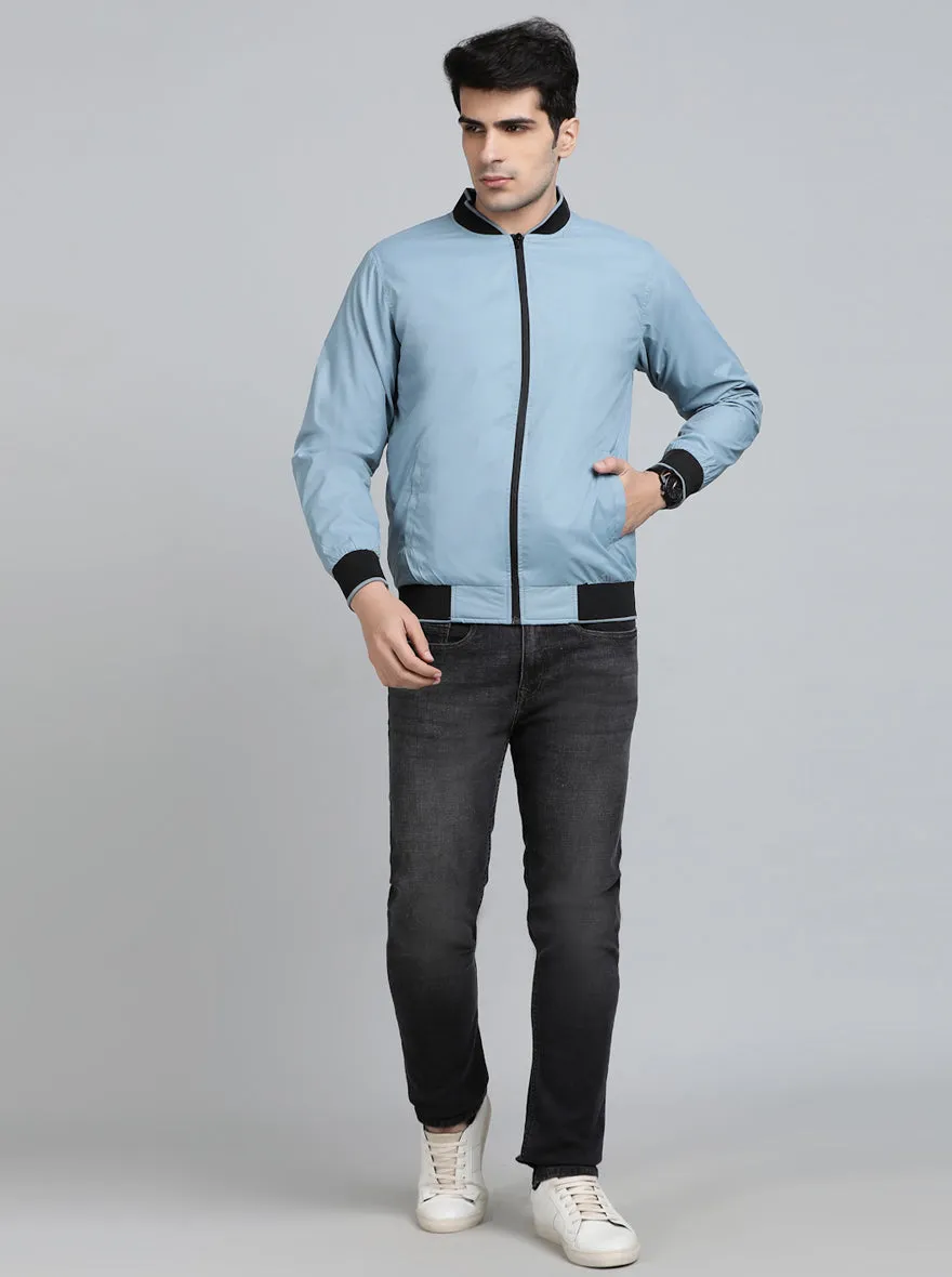 Light Blue Solid Slim Fit Winter Jacket | JadeBlue