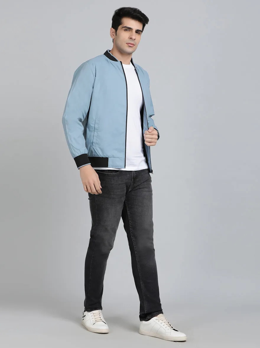 Light Blue Solid Slim Fit Winter Jacket | JadeBlue