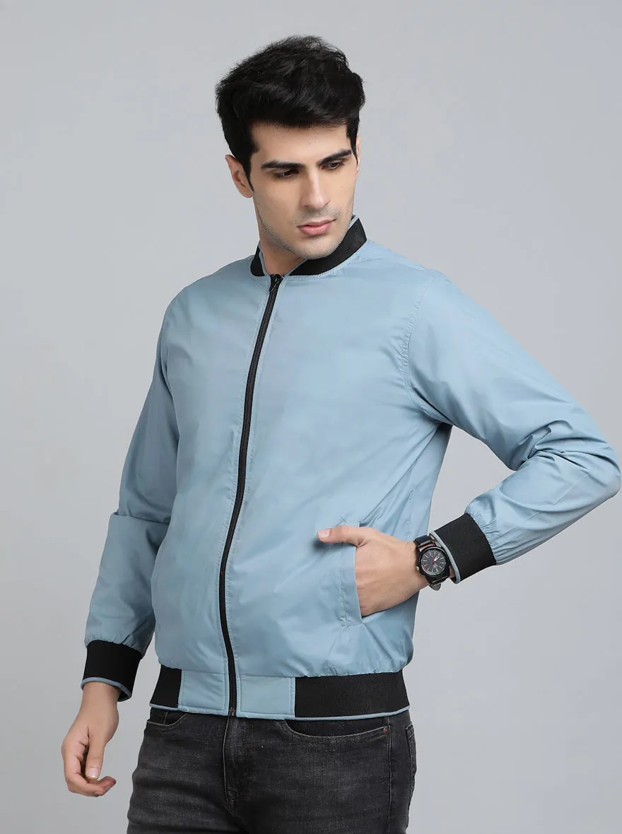 Light Blue Solid Slim Fit Winter Jacket | JadeBlue