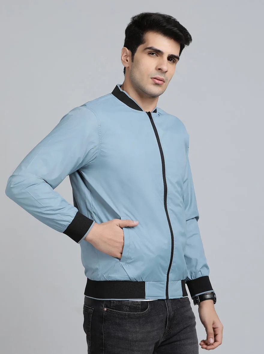 Light Blue Solid Slim Fit Winter Jacket | JadeBlue