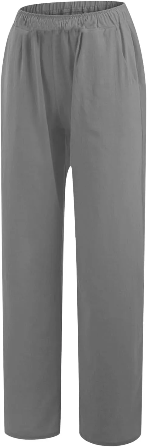 Linen Blend Pants for Women Summer Wide Leg High Waist Palazzo Flowy Loose Trousers Casuals Loungee Business Pants