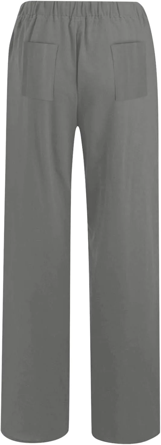 Linen Blend Pants for Women Summer Wide Leg High Waist Palazzo Flowy Loose Trousers Casuals Loungee Business Pants