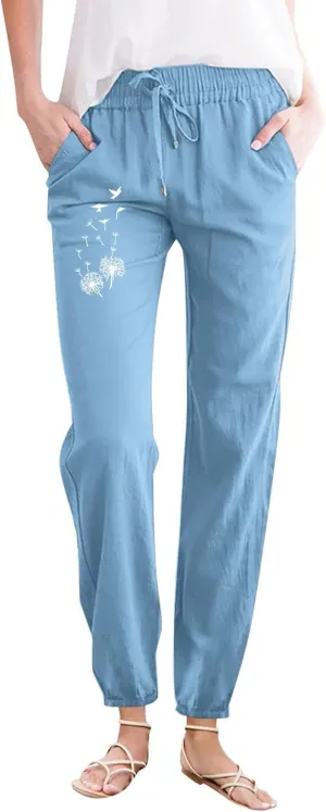 Linen Pants for Women Ladies Casual Summer Loose Beach Solid Color Plus Size High Waist Linen Pants Plus Size Ankle Trousers