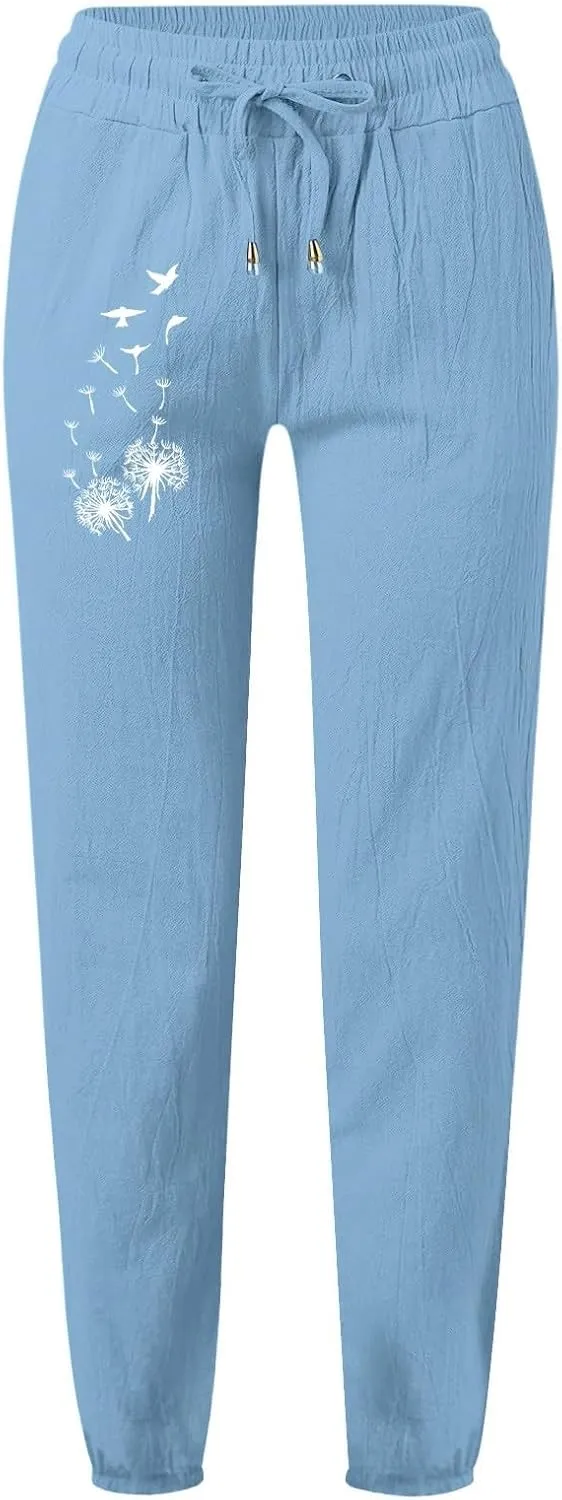 Linen Pants for Women Ladies Casual Summer Loose Beach Solid Color Plus Size High Waist Linen Pants Plus Size Ankle Trousers