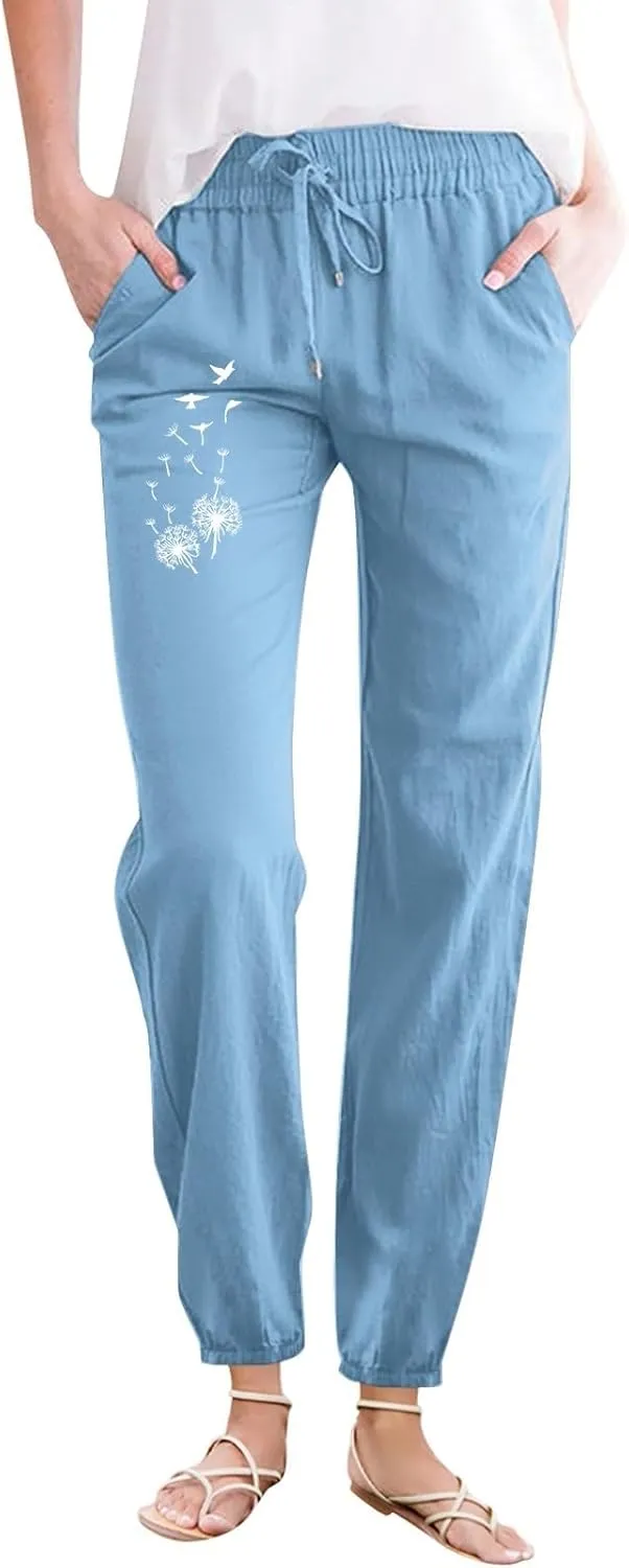 Linen Pants for Women Ladies Casual Summer Loose Beach Solid Color Plus Size High Waist Linen Pants Plus Size Ankle Trousers