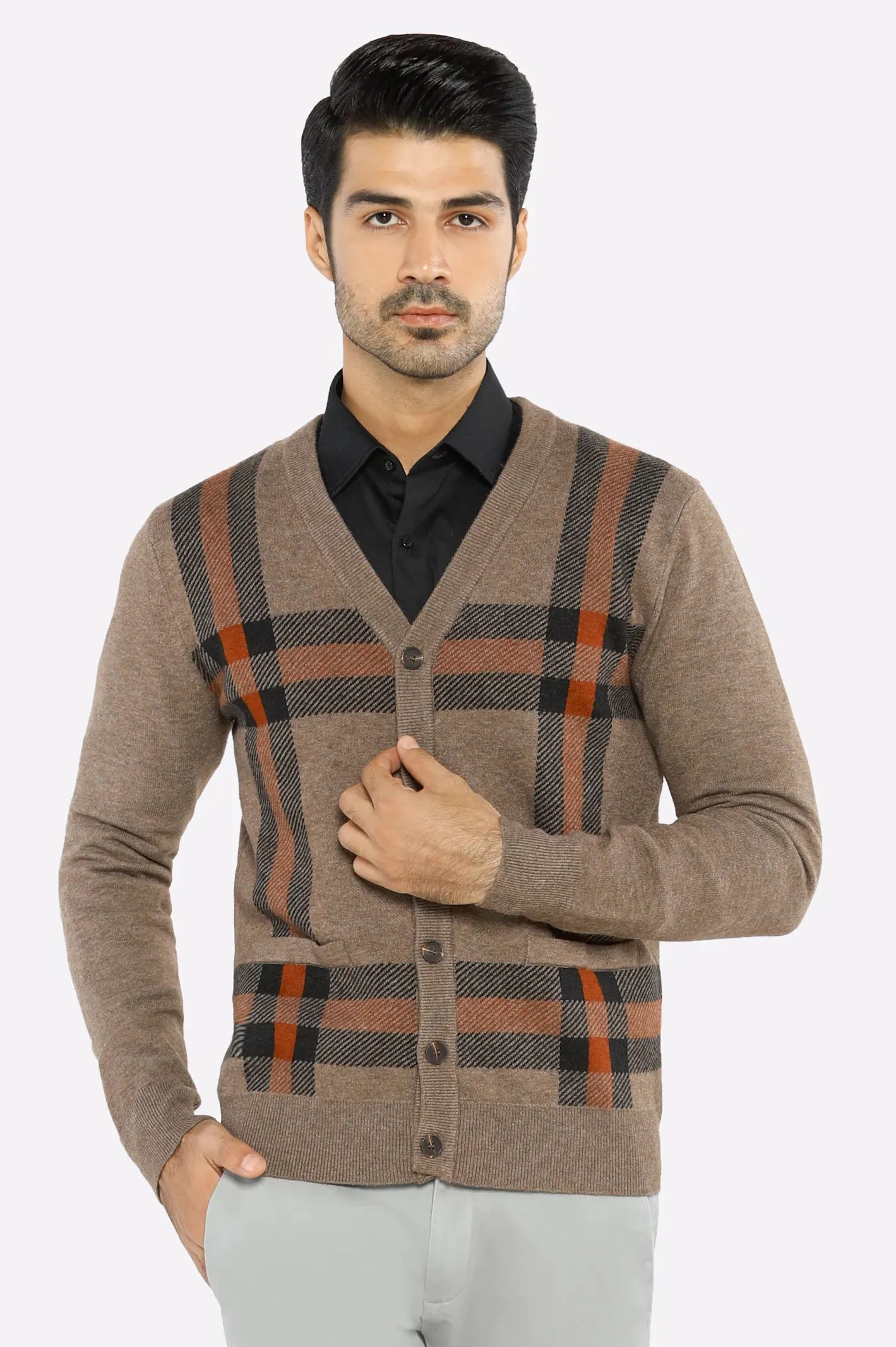 Men Full Sleeves Light Brown Cardigan