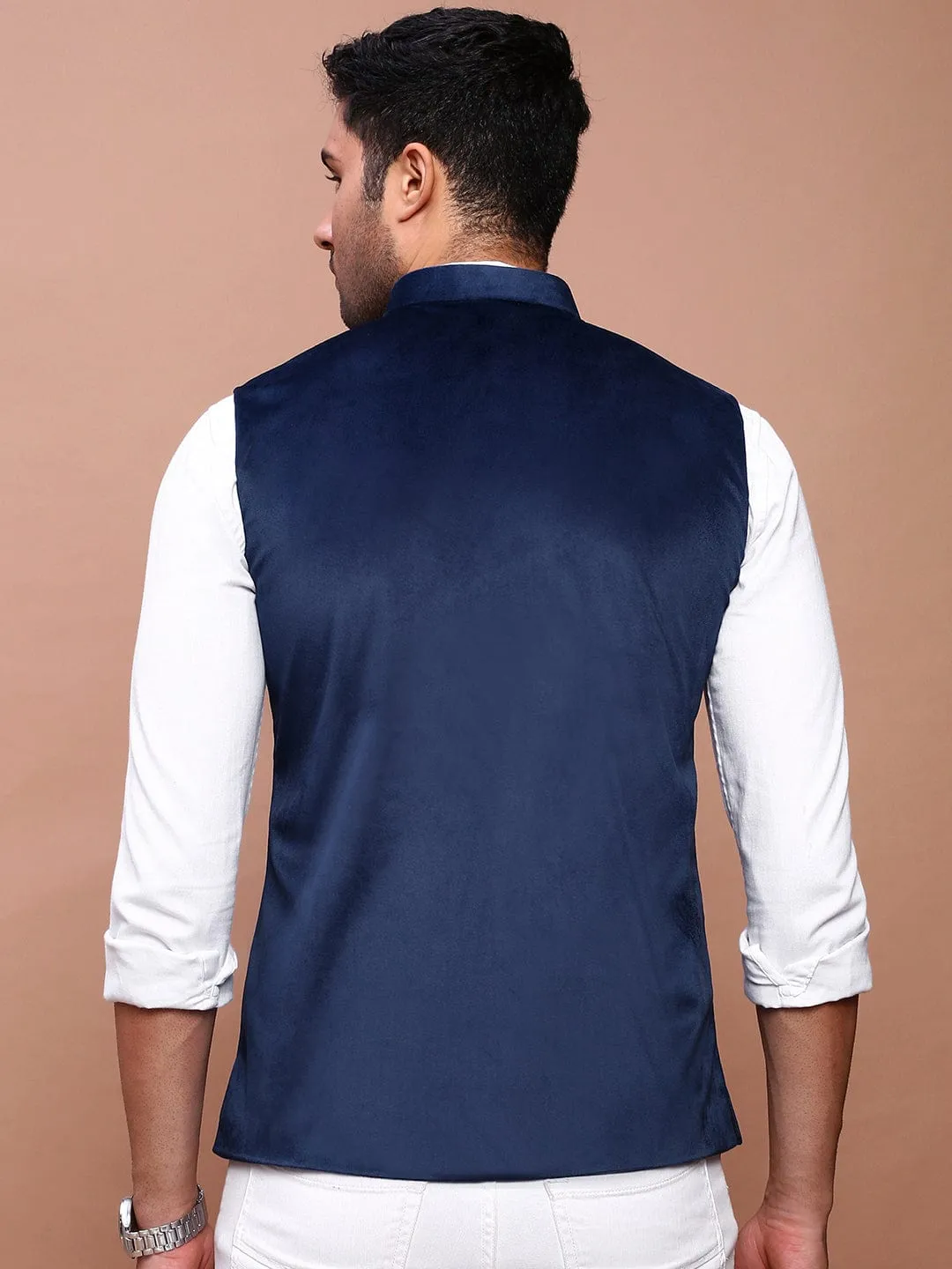 Men Navy Blue Slim-Fit Nehru Jackets