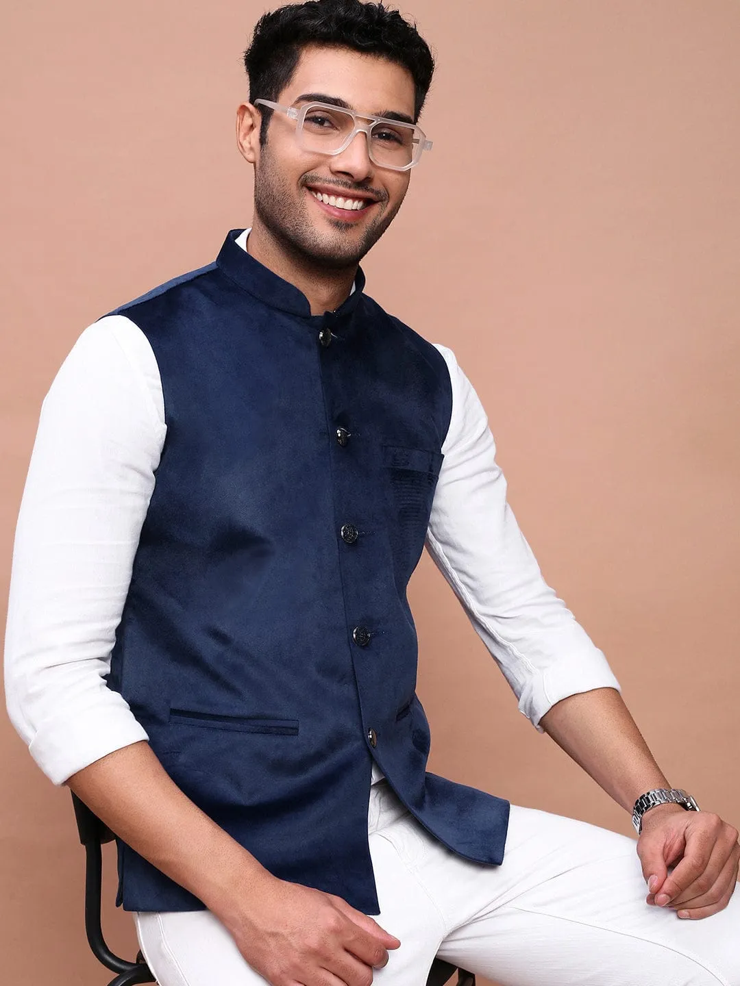 Men Navy Blue Slim-Fit Nehru Jackets