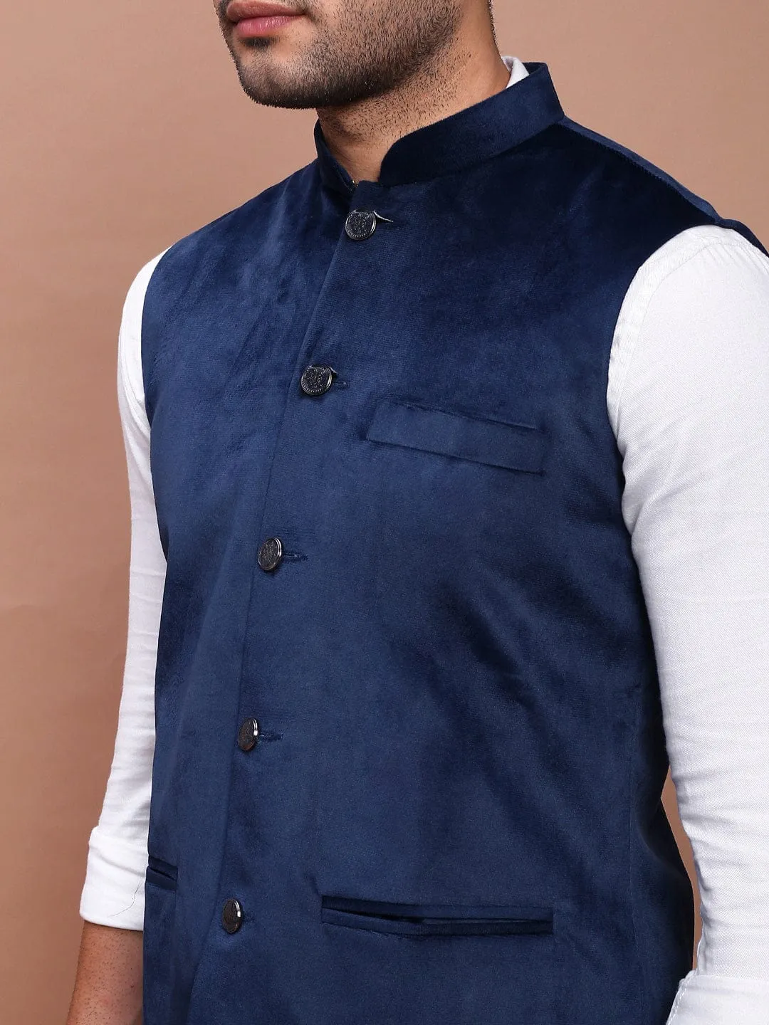 Men Navy Blue Slim-Fit Nehru Jackets
