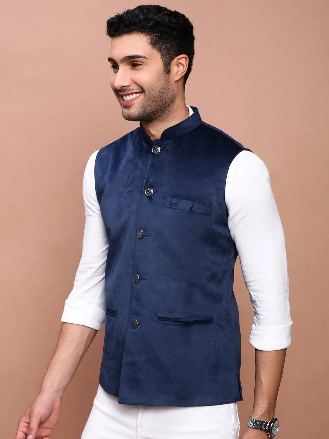 Men Navy Blue Slim-Fit Nehru Jackets