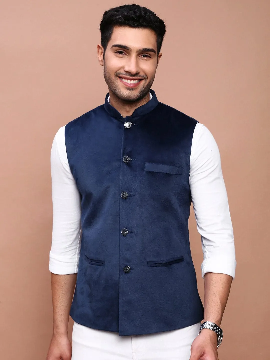 Men Navy Blue Slim-Fit Nehru Jackets