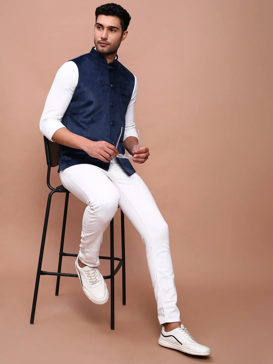 Men Navy Blue Slim-Fit Nehru Jackets