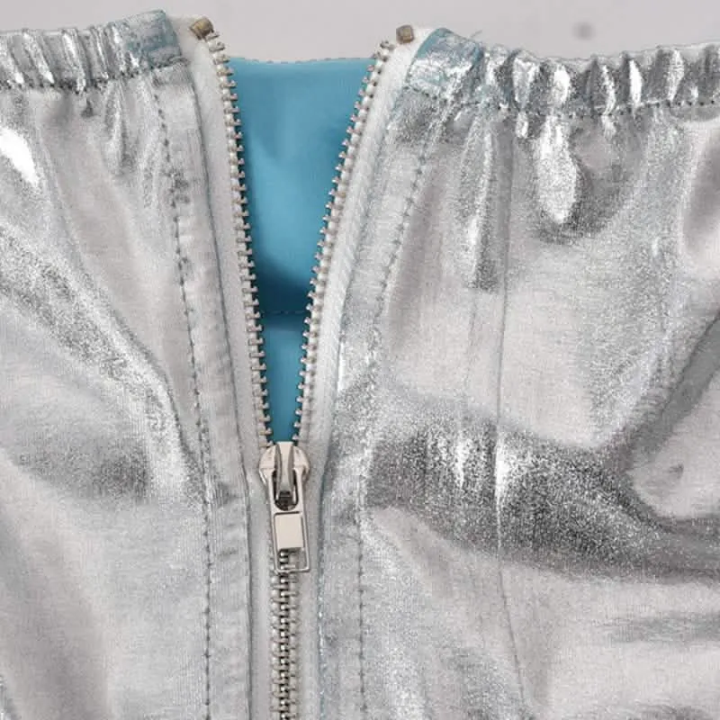 Metallic Silver Quilted Puffer Mini Skirt for Women - Stylish Zipper Back Design