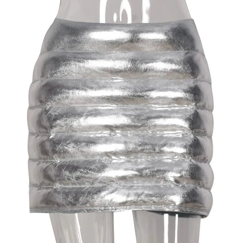 Metallic Silver Quilted Puffer Mini Skirt for Women - Stylish Zipper Back Design