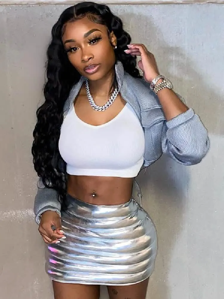 Metallic Silver Quilted Puffer Mini Skirt for Women - Stylish Zipper Back Design