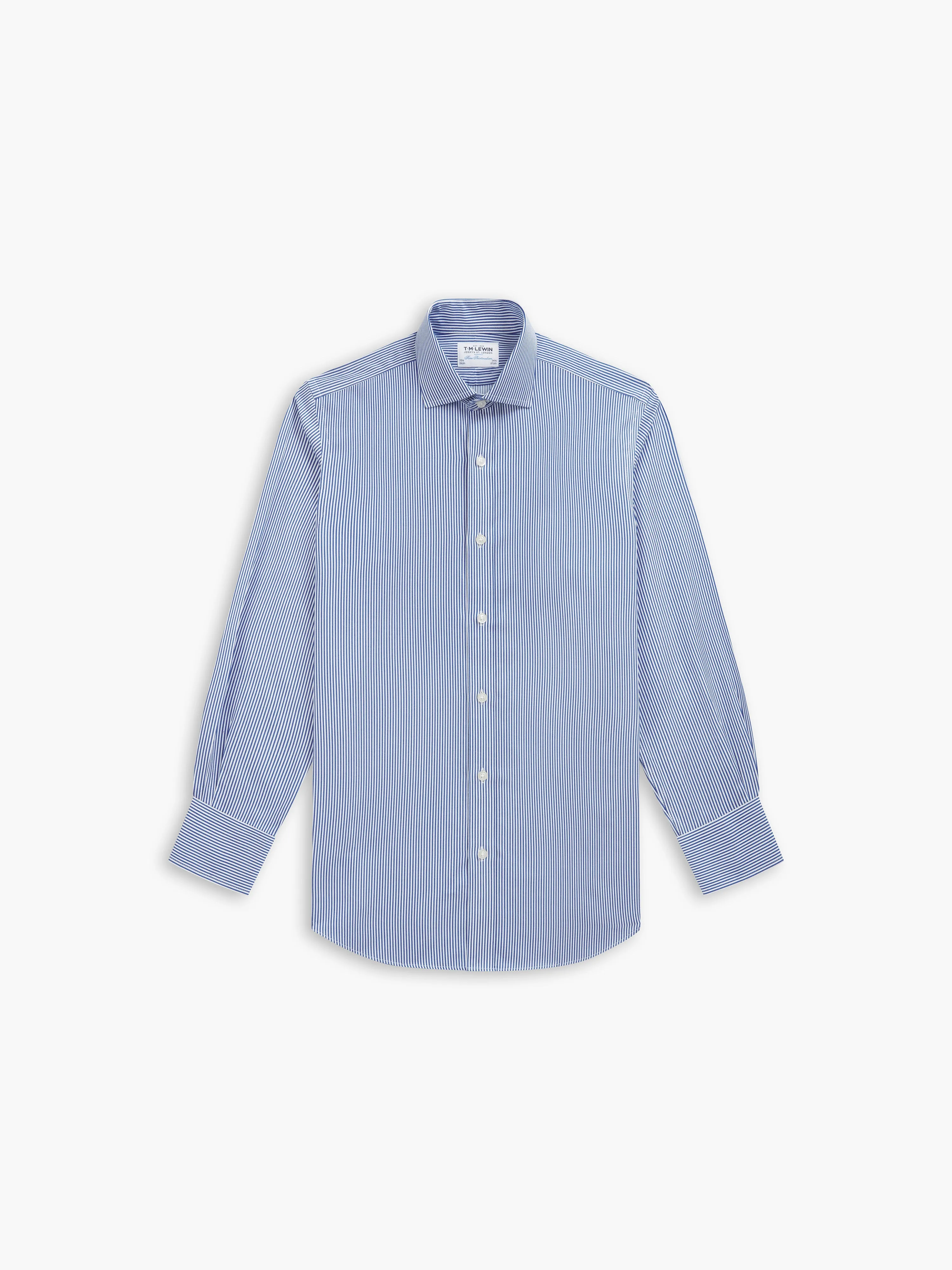 Non-Iron Navy Blue Bengal Stripe Twill Fitted Single Cuff Classic Collar Shirt