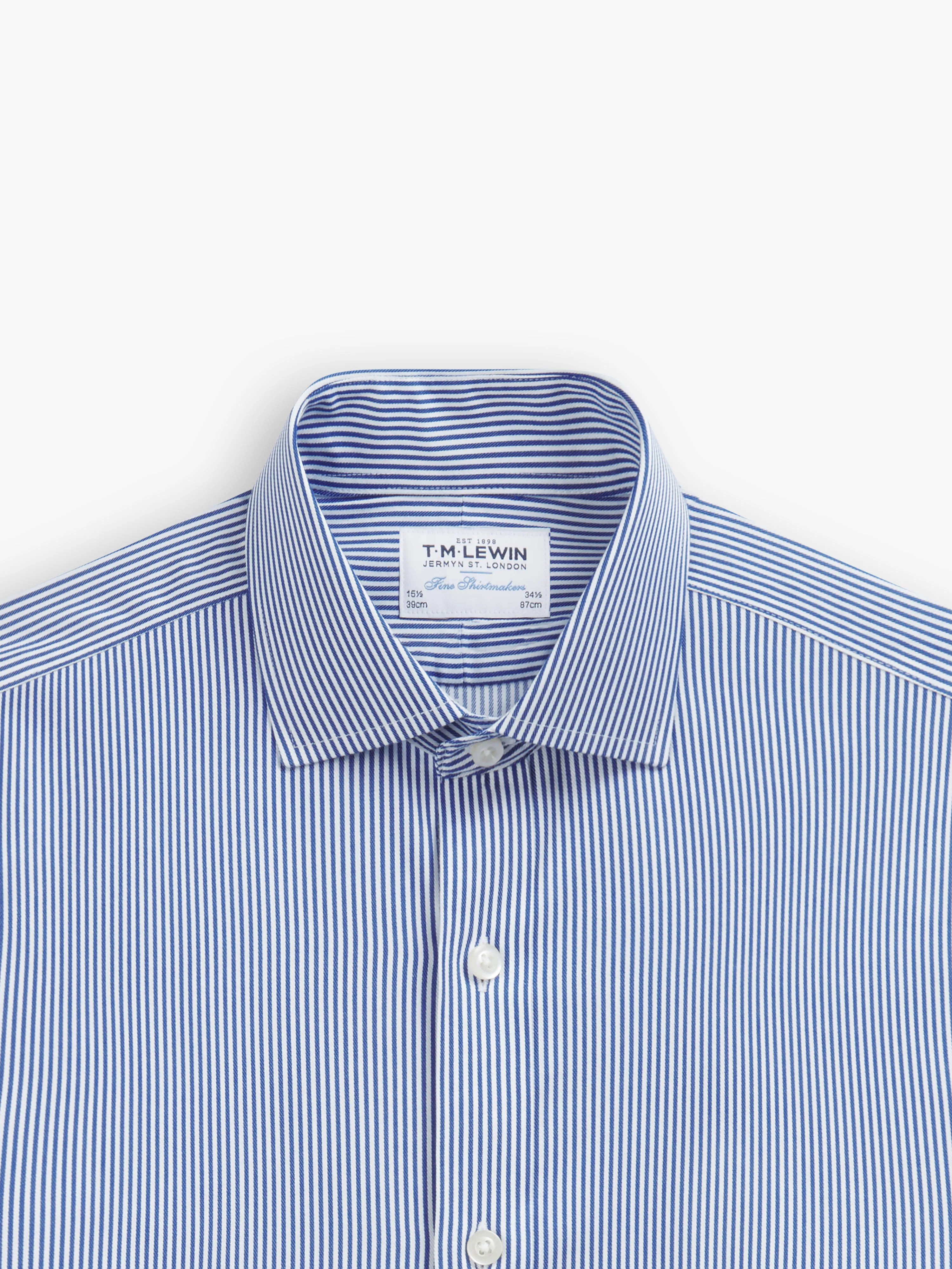 Non-Iron Navy Blue Bengal Stripe Twill Fitted Single Cuff Classic Collar Shirt