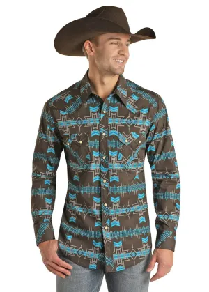 Panhandle Slim Men's Rock & Roll Cowboy Charcoal & Teal Aztec Snap Up Western Shirt
