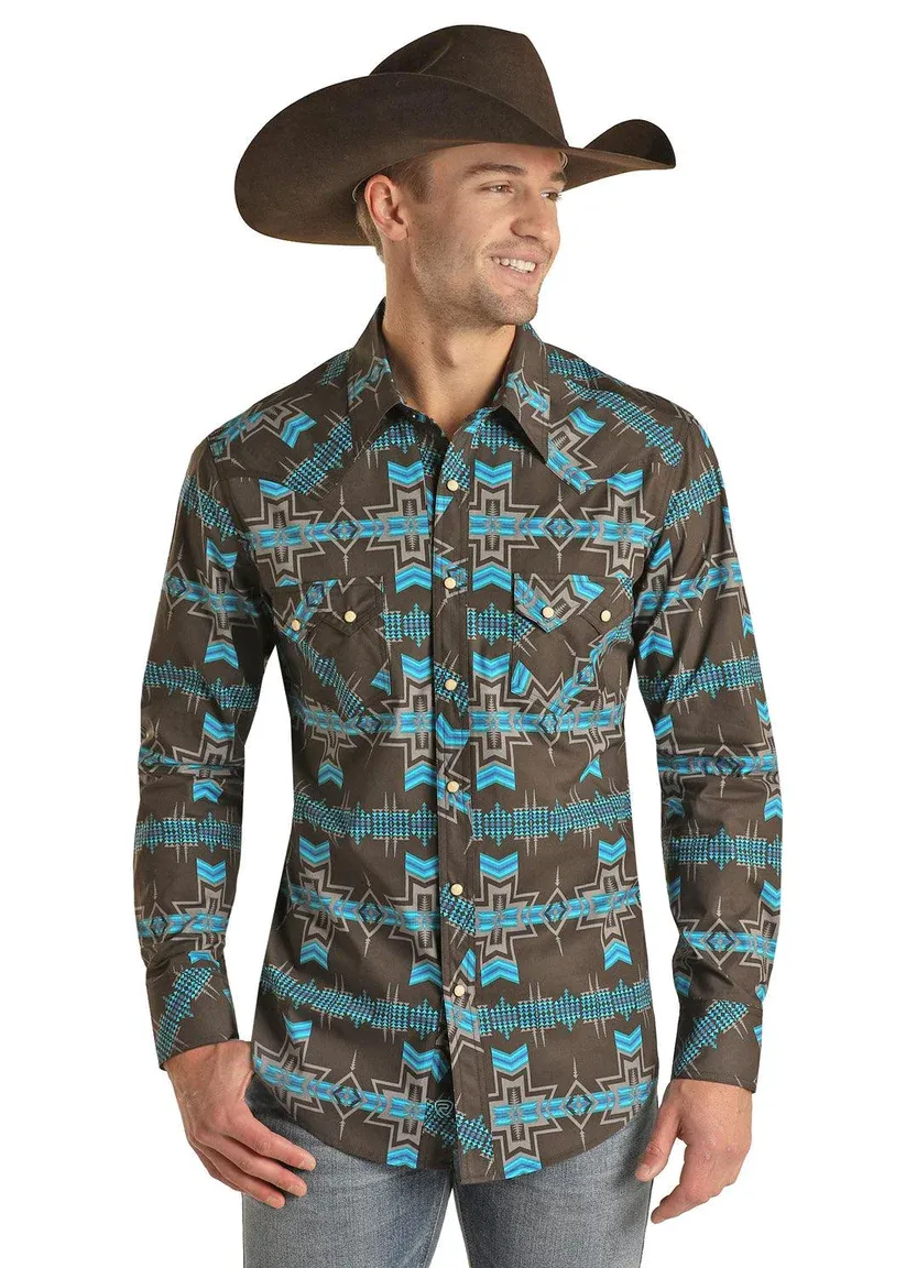 Panhandle Slim Men's Rock & Roll Cowboy Charcoal & Teal Aztec Snap Up Western Shirt