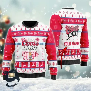 Personalized Coors Light Makes Me High Christmas Ugly Sweater