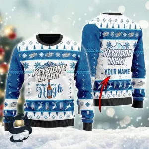 Personalized Keystone Light Makes Me High Christmas Ugly Sweater
