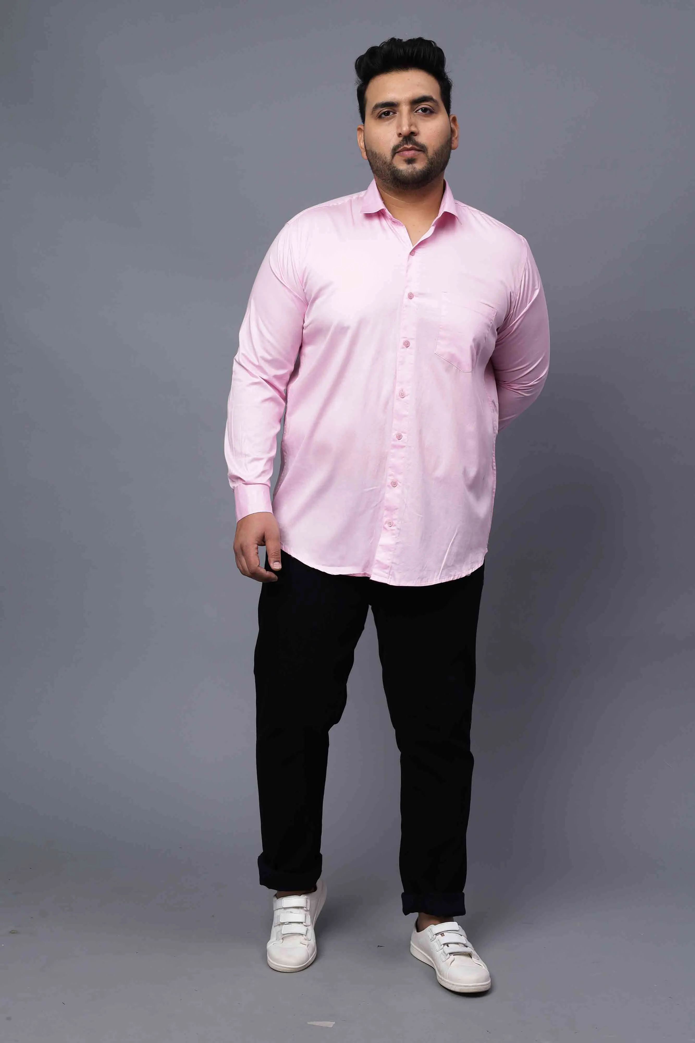 Pink Solid Cotton Plus Size Shirt
