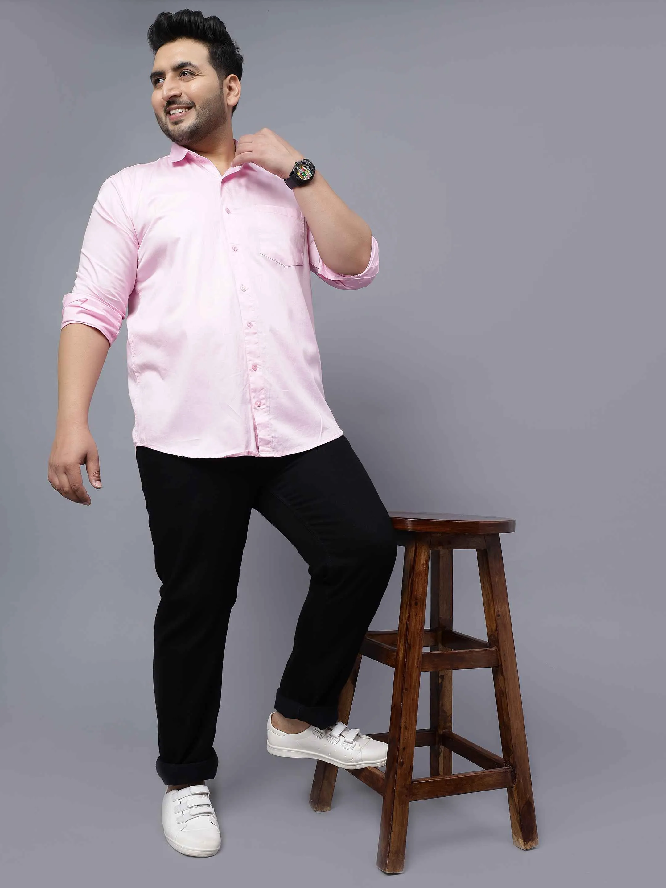 Pink Solid Cotton Plus Size Shirt