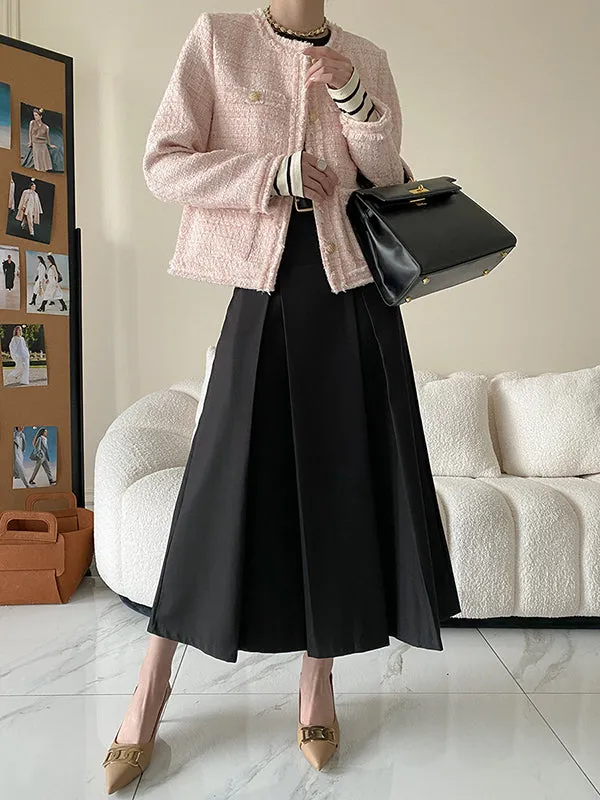 Pleated Solid Color Split-Joint A-Line High Waisted Skirts Bottoms