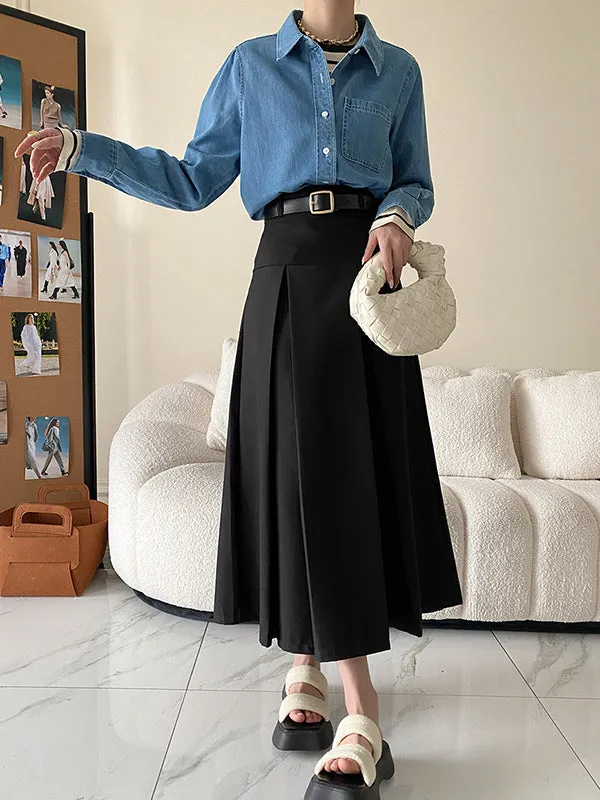 Pleated Solid Color Split-Joint A-Line High Waisted Skirts Bottoms