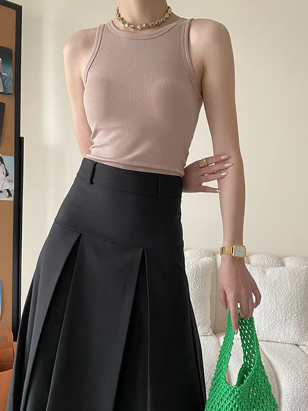 Pleated Solid Color Split-Joint A-Line High Waisted Skirts Bottoms