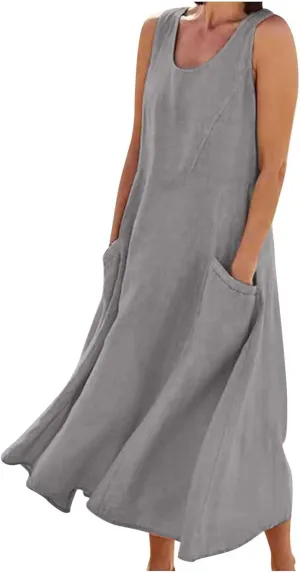 Plus Size Summer Dresses for Women 2025 Casual Plain Sleeveless Linen Tank Dress Beach Sun Dresses with Pockets