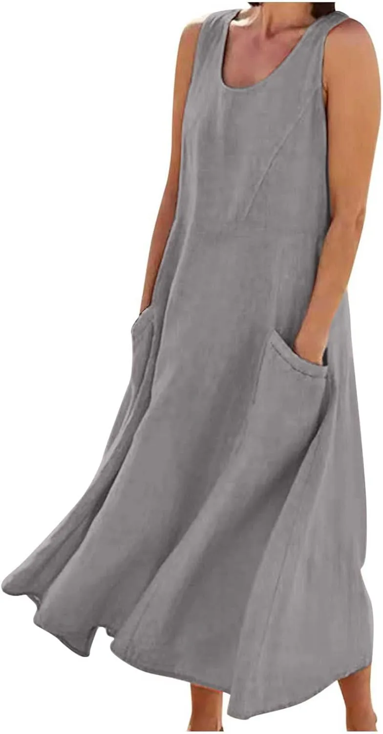 Plus Size Summer Dresses for Women 2025 Casual Plain Sleeveless Linen Tank Dress Beach Sun Dresses with Pockets