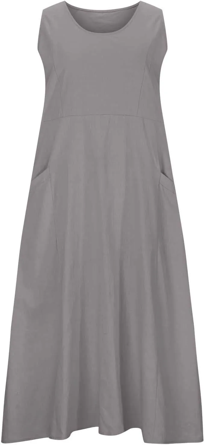 Plus Size Summer Dresses for Women 2025 Casual Plain Sleeveless Linen Tank Dress Beach Sun Dresses with Pockets