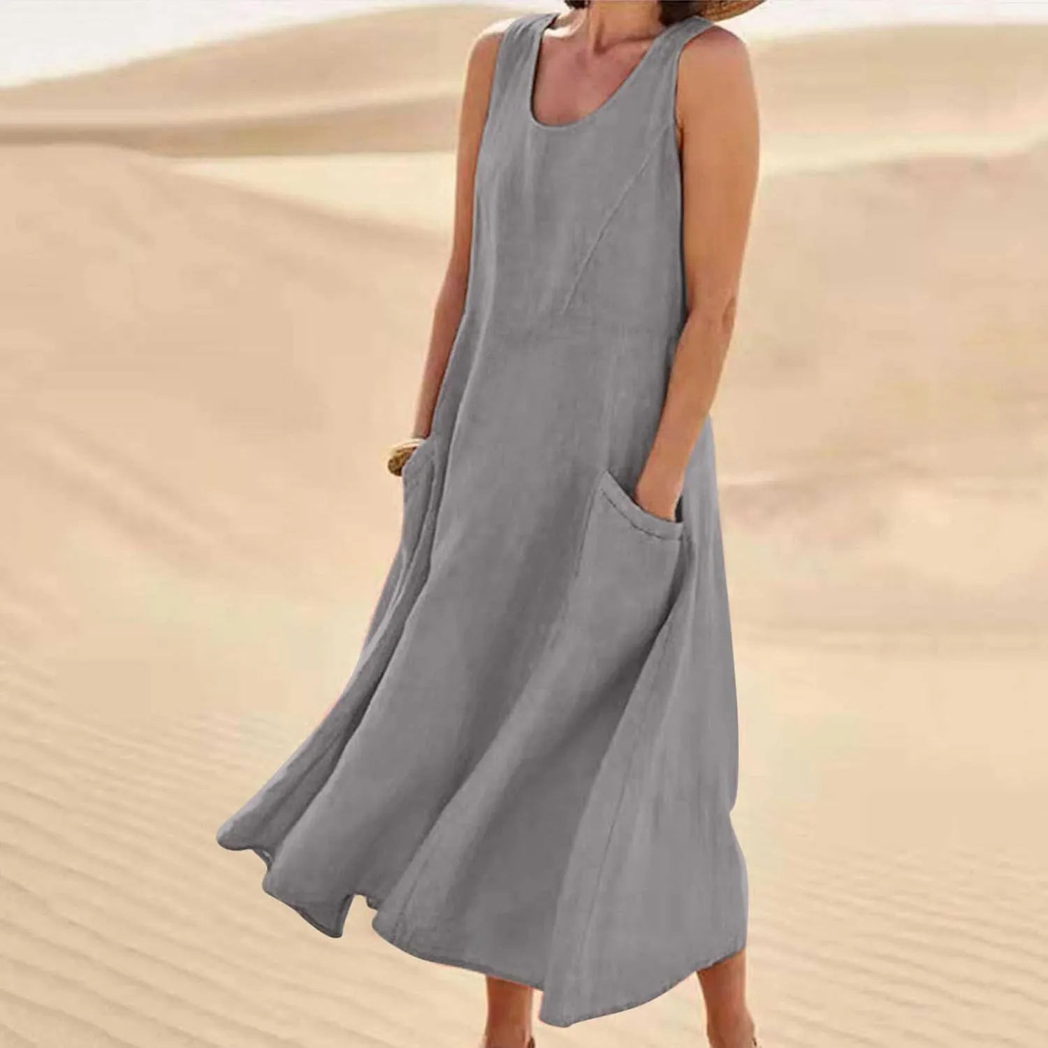 Plus Size Summer Dresses for Women 2025 Casual Plain Sleeveless Linen Tank Dress Beach Sun Dresses with Pockets