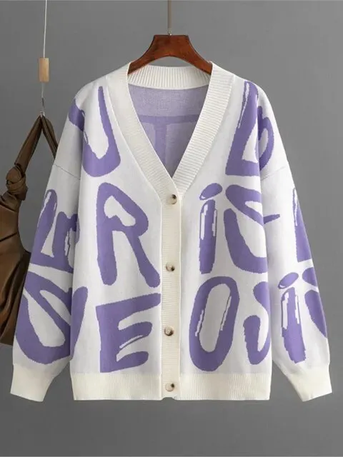 Pre Order:  Letters and Animal Print Loose Cardigan