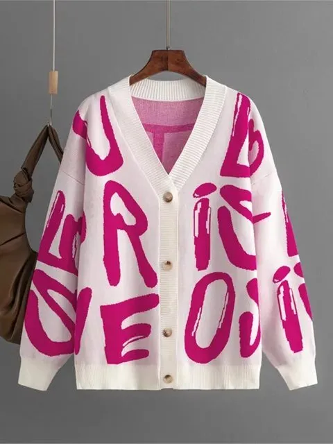 Pre Order:  Letters and Animal Print Loose Cardigan
